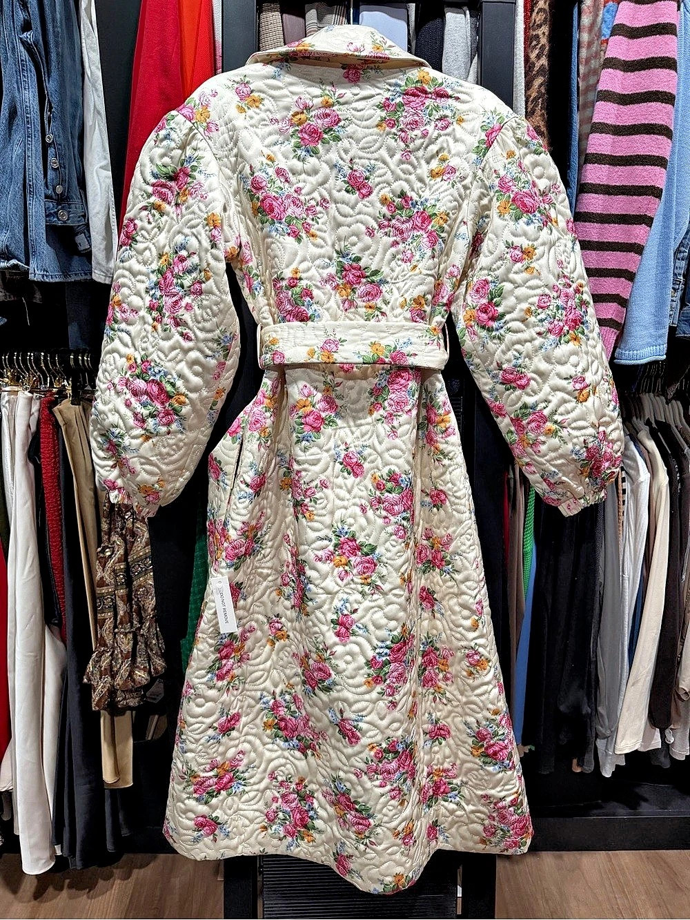 For Love & Lemons Amandine Belted Coat Floral Quilted Cream & Pink XS - Picture 2 of 7